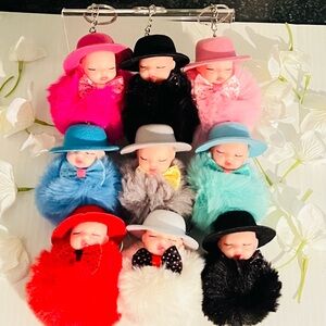 9-PC Pom-Pom Baby Face Keychains with Hats NIP